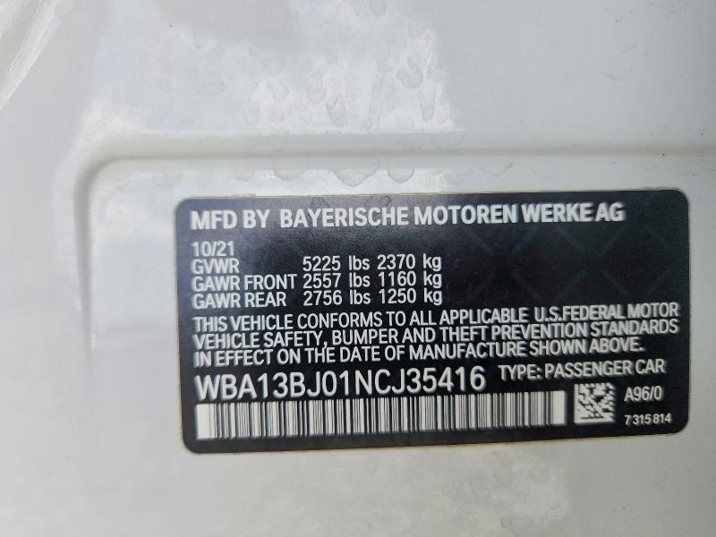 2022 Bmw 530 მანქანა იყიდება აუქციონზე, vin: WBA13BJ01NCJ35416, აუქციონის ნომერი: 85449685