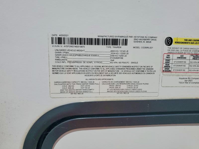 Продажа на аукционе авто 2021 Keystone Cougar, vin: 4YDF29021M2510875, номер лота: 56599446