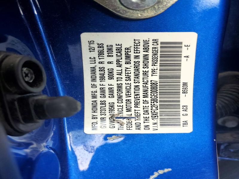 Продаж на аукціоні авто 2016 Honda Civic, vin: 19XFC2F58GE008087, номер лоту: 58836076