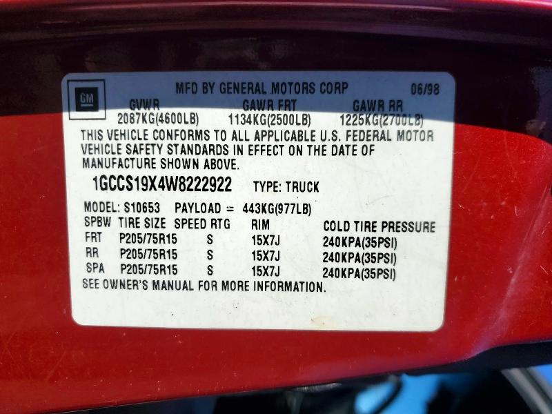 1998 Chevrolet S Truck მანქანა იყიდება აუქციონზე, vin: 1GCCS19X4W8222922, აუქციონის ნომერი: 57739326