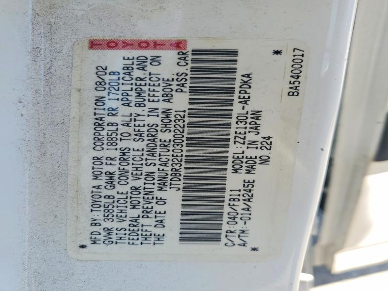 Aukcja sprzedaży 2003 Toyota Corolla, vin: JTDBR32E030022321, numer aukcji: 58399656