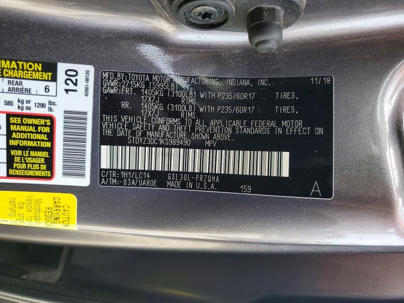 56599976 :رقم المزاد ، 5TDYZ3DC1KS989490 vin ، 2019 Toyota Sienna مزاد بيع