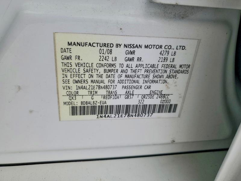 2008 Nissan Altima მანქანა იყიდება აუქციონზე, vin: 1N4AL21E78N480737, აუქციონის ნომერი: 56852766
