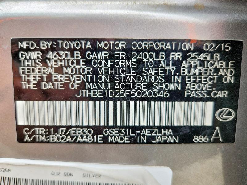 2015 Lexus Is მანქანა იყიდება აუქციონზე, vin: JTHBE1D25F5020346, აუქციონის ნომერი: 56793426