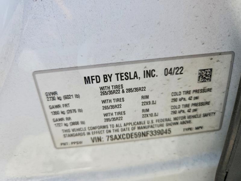 58072496 :رقم المزاد ، 7SAXCDE59NF339045 vin ، 2022 Tesla Model X مزاد بيع