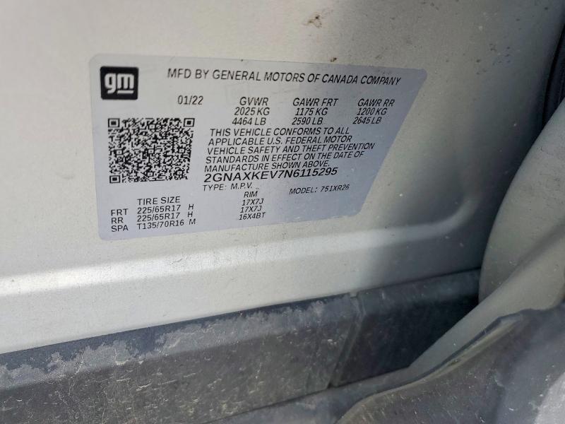 2022 Chevrolet Equinox მანქანა იყიდება აუქციონზე, vin: 2GNAXKEV7N6115295, აუქციონის ნომერი: 58079556