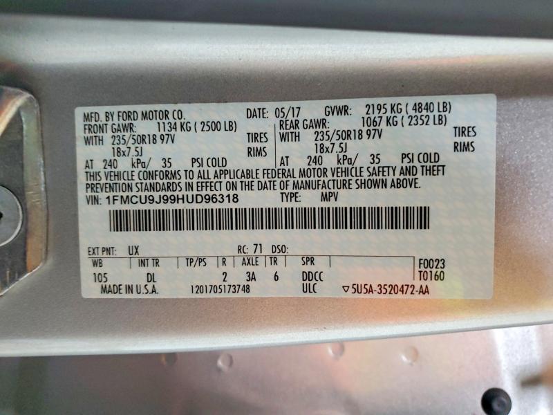 2017 Ford Escape მანქანა იყიდება აუქციონზე, vin: 1FMCU9J99HUD96318, აუქციონის ნომერი: 58391476