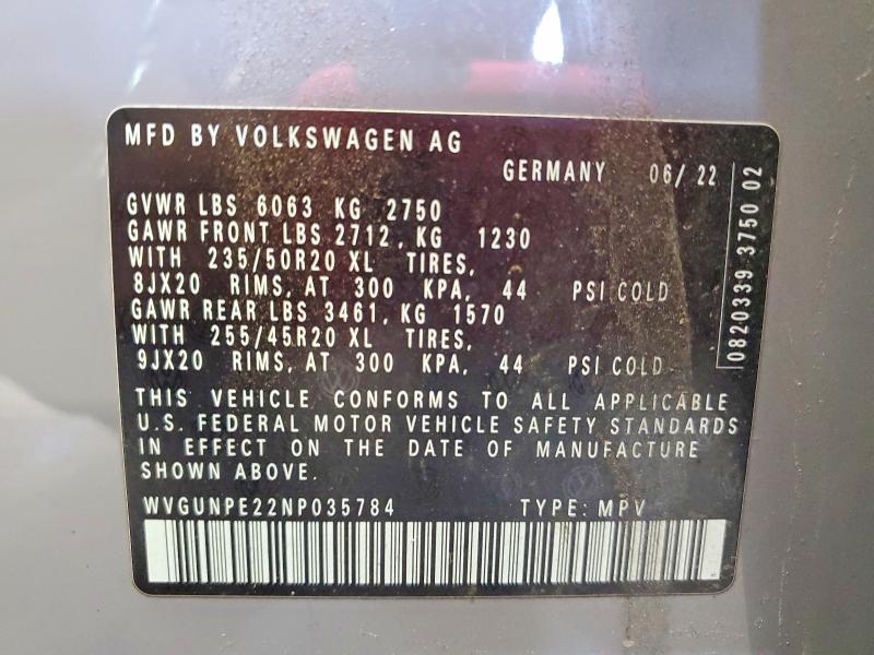 2022 Volkswagen Id.4 მანქანა იყიდება აუქციონზე, vin: WVGUNPE22NP035784, აუქციონის ნომერი: 58955916
