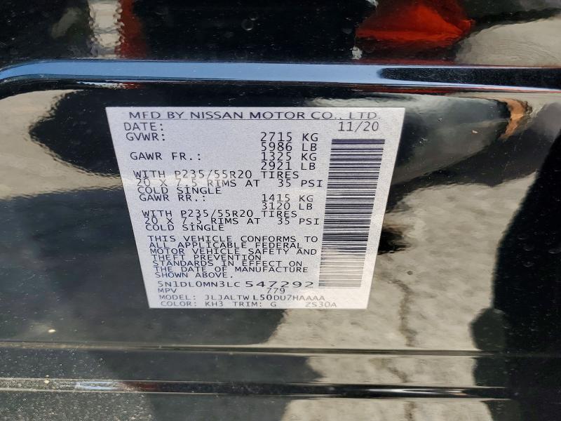 58707836 :رقم المزاد ، 5N1DL0MN3LC547292 vin ، 2020 Infiniti Qx60 مزاد بيع