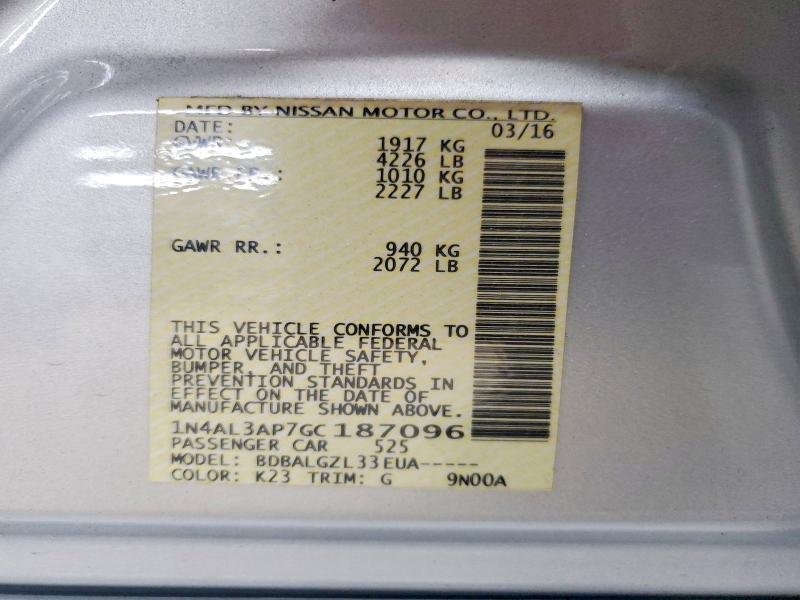 Aukcja sprzedaży 2016 Nissan Altima, vin: 1N4AL3AP7GC187096, numer aukcji: 58536136