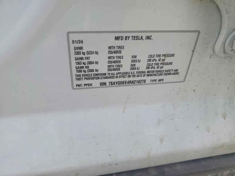 Продаж на аукціоні авто 2024 Tesla Model Y, vin: 7SAYGDEE4RA216278, номер лоту: 55374716