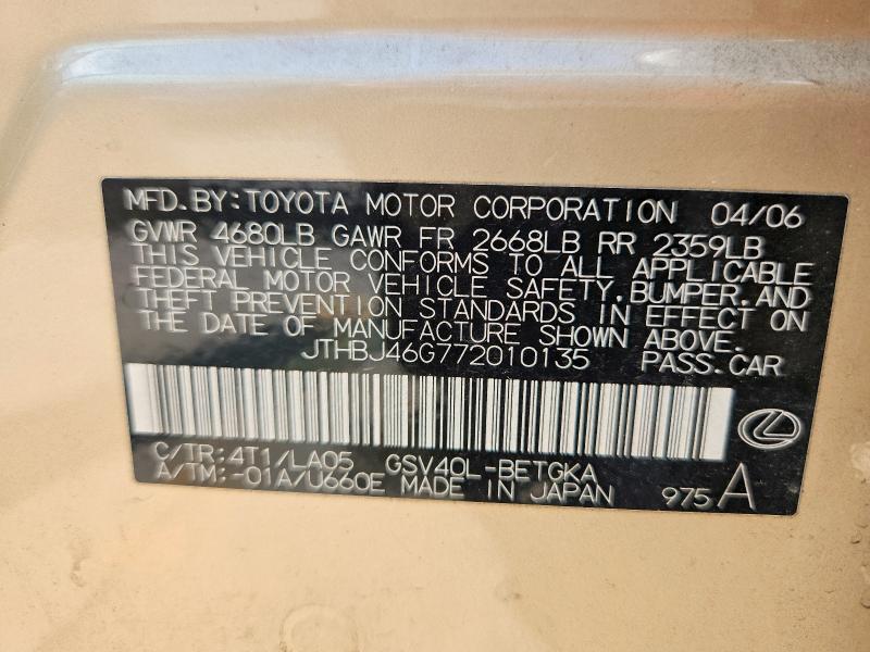 Aukcja sprzedaży 2007 Lexus Es, vin: JTHBJ46G772010135, numer aukcji: 53968946
