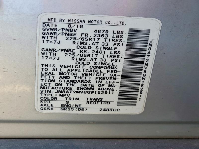 56123006 :رقم المزاد ، JN8AT2MV8GW152911 vin ، 2016 Nissan Rogue مزاد بيع
