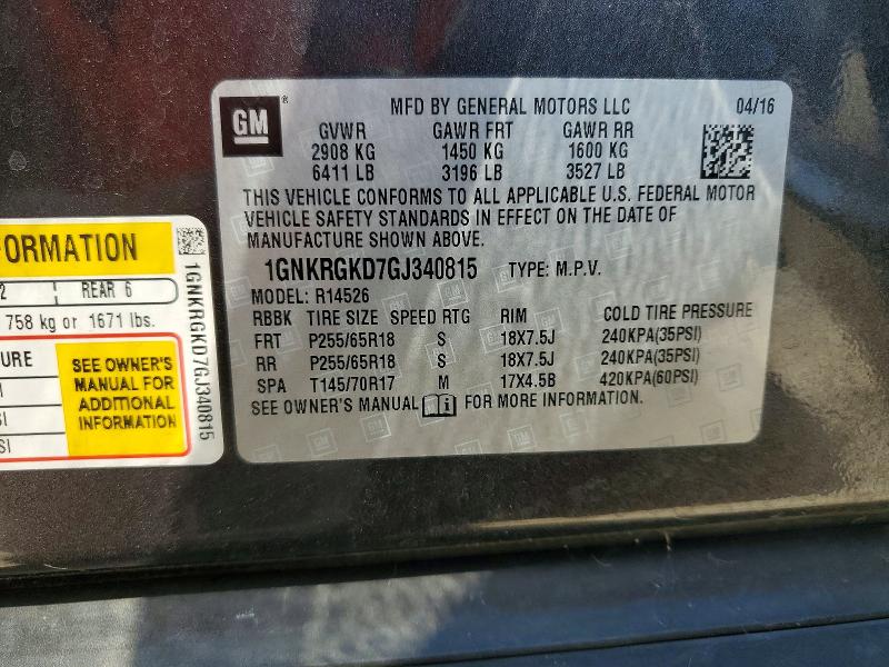 Продаж на аукціоні авто 2016 Chevrolet Traverse, vin: 1GNKRGKD7GJ340815, номер лоту: 57958586