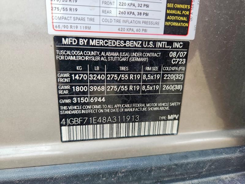 58707396 :رقم المزاد ، 4JGBF71E48A311913 vin ، 2008 Mercedes-benz Gl مزاد بيع