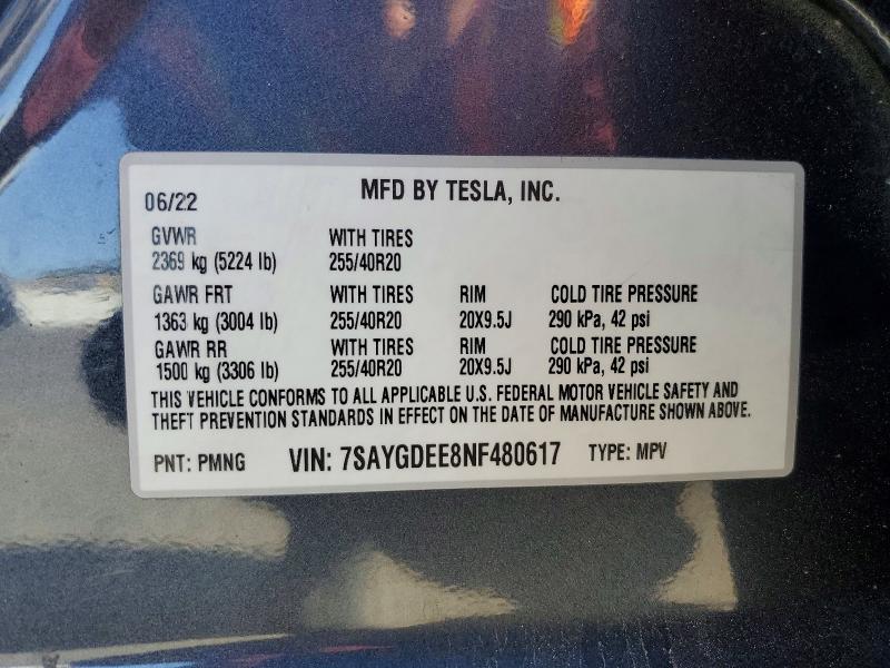 2022 Tesla Model Y მანქანა იყიდება აუქციონზე, vin: 7SAYGDEE8NF480617, აუქციონის ნომერი: 55812066