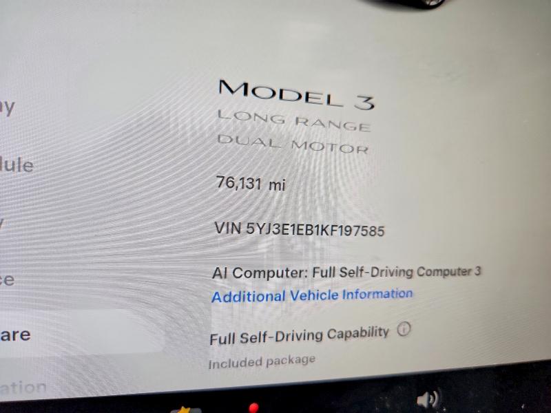2019 Tesla Model 3 მანქანა იყიდება აუქციონზე, vin: 5YJ3E1EB1KF197585, აუქციონის ნომერი: 56139346