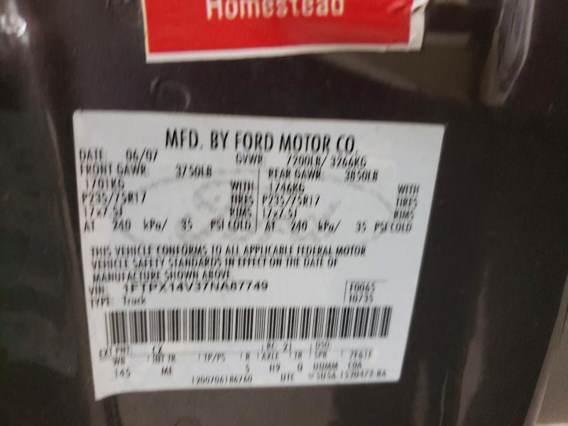 2007 Ford F150 მანქანა იყიდება აუქციონზე, vin: 1FTPX14V37NA87749, აუქციონის ნომერი: 59208466