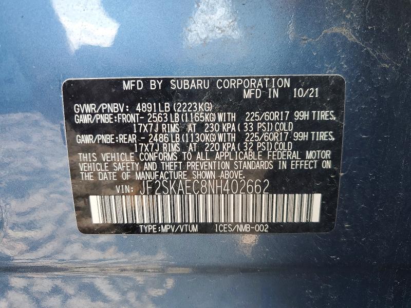 2022 Subaru Forester მანქანა იყიდება აუქციონზე, vin: JF2SKAEC8NH402662, აუქციონის ნომერი: 56479106