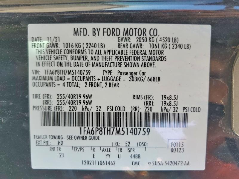 2021 Ford Mustang მანქანა იყიდება აუქციონზე, vin: 1FA6P8TH7M5140759, აუქციონის ნომერი: 57727786