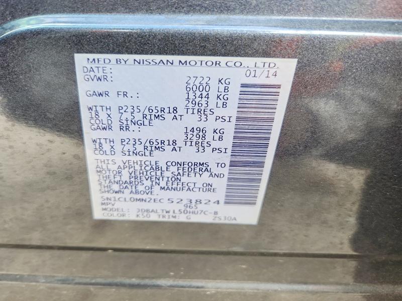 57189846 :رقم المزاد ، 5N1CL0MN2EC523824 vin ، 2014 Infiniti Qx60 مزاد بيع
