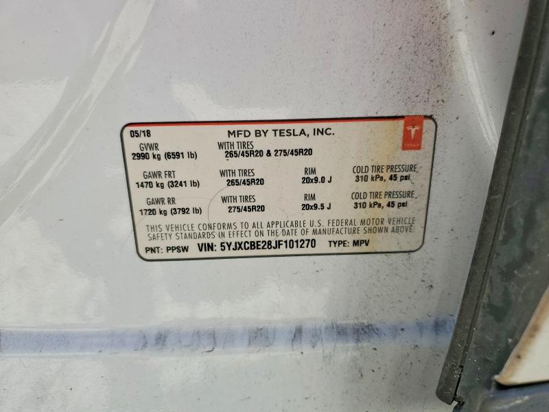 2018 Tesla Model X მანქანა იყიდება აუქციონზე, vin: 5YJXCBE28JF101270, აუქციონის ნომერი: 56129526