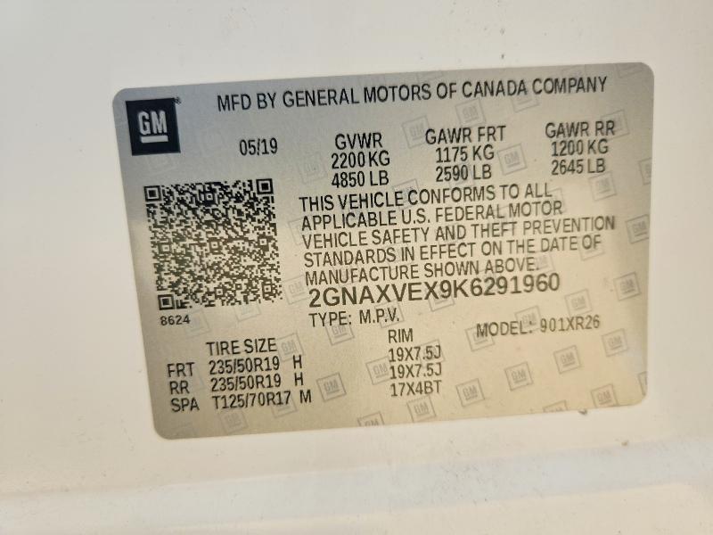 2019 Chevrolet Equinox მანქანა იყიდება აუქციონზე, vin: 2GNAXVEX9K6291960, აუქციონის ნომერი: 56097596