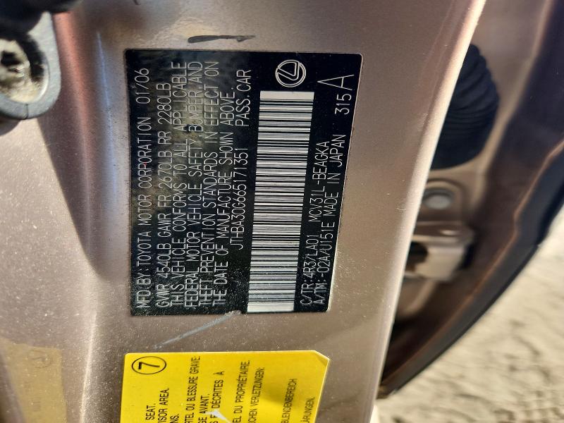 2006 Lexus Es მანქანა იყიდება აუქციონზე, vin: JTHBA30G665171351, აუქციონის ნომერი: 56426116