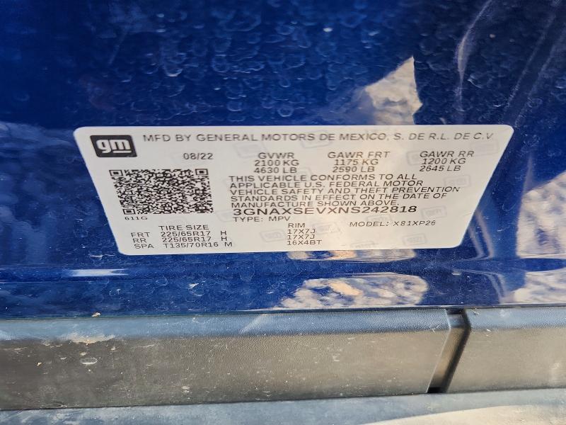 Aukcja sprzedaży 2022 Chevrolet Equinox, vin: 3GNAXSEVXNS242818, numer aukcji: 58536386