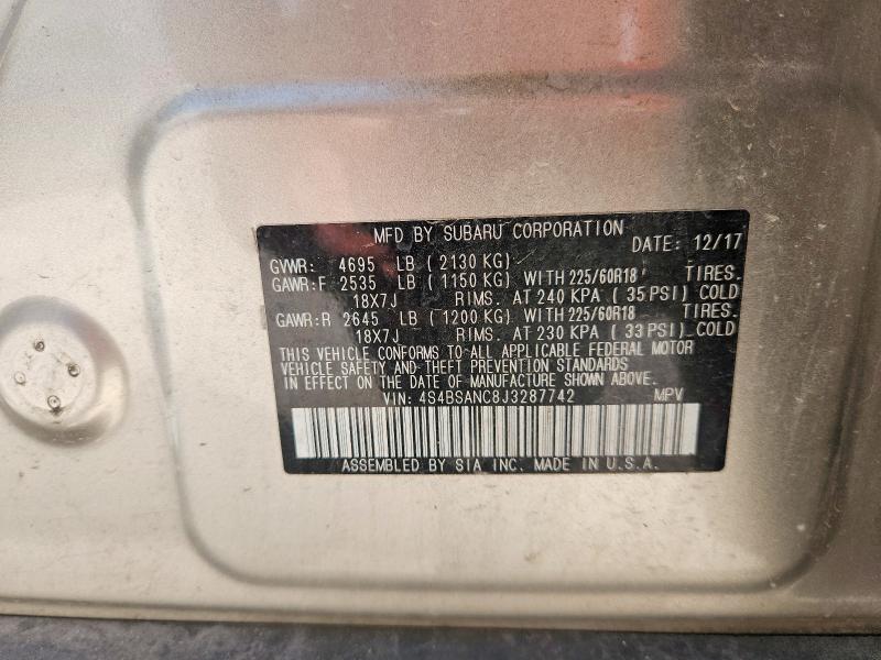 Продаж на аукціоні авто 2018 Subaru Outback, vin: 4S4BSANC8J3287742, номер лоту: 58744186