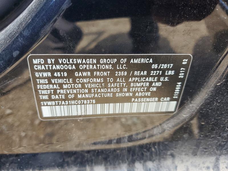 57120466 :رقم المزاد ، 1VWBT7A31HC078375 vin ، 2017 Volkswagen Passat مزاد بيع