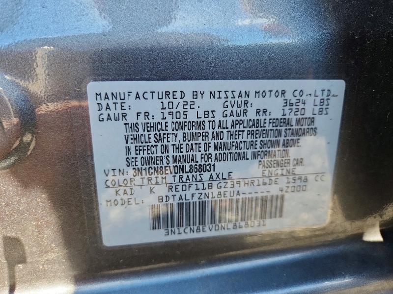 57918746 :رقم المزاد ، 3N1CN8EV0NL868031 vin ، 2022 Nissan Versa مزاد بيع
