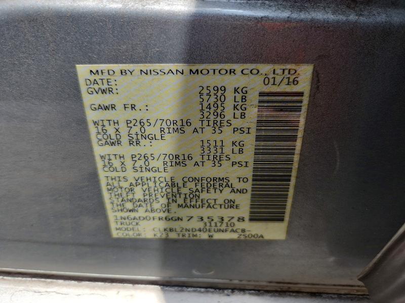 59166186 :رقم المزاد ، 1N6AD0FR6GN735378 vin ، 2016 Nissan Frontier مزاد بيع