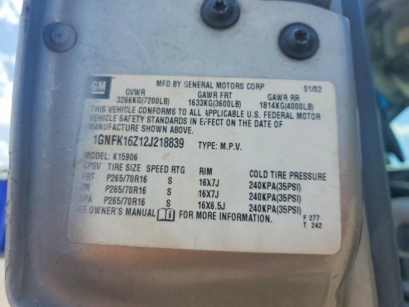 Auction sale of the 2002 Chevrolet Suburban, vin: 1GNFK16Z12J218839, lot number: 57577516