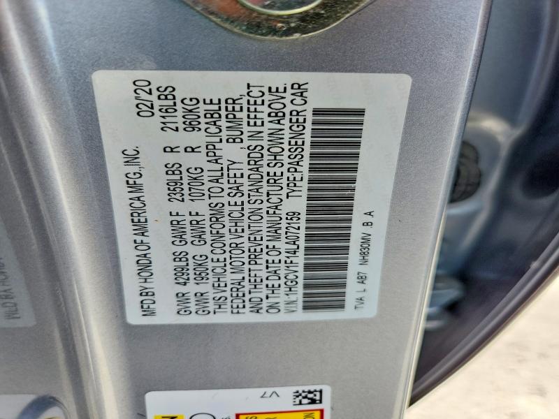 Продаж на аукціоні авто 2020 Honda Accord, vin: 1HGCV1F14LA072159, номер лоту: 58223386