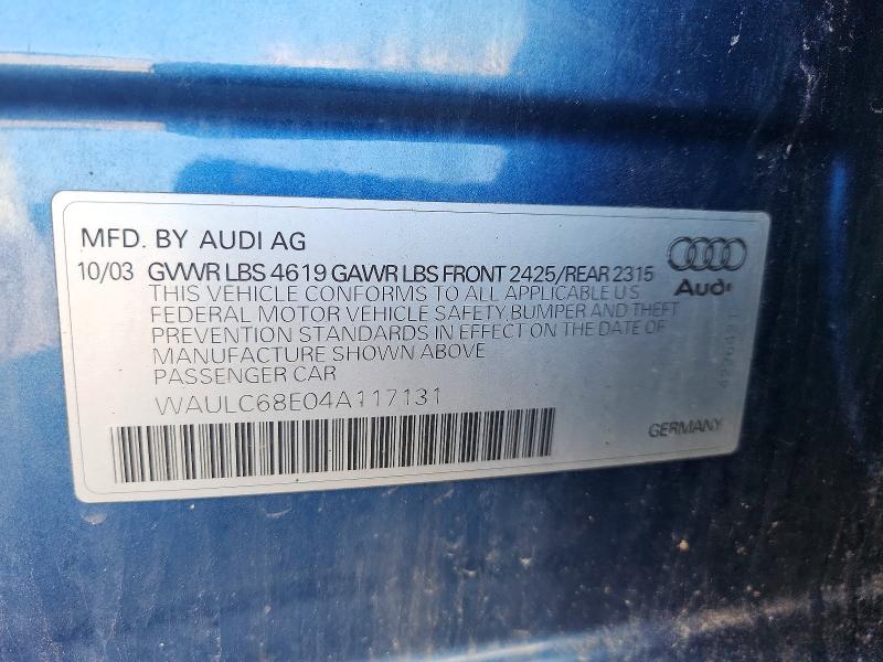 57137056 :رقم المزاد ، WAULC68E04A117131 vin ، 2004 Audi A4 مزاد بيع
