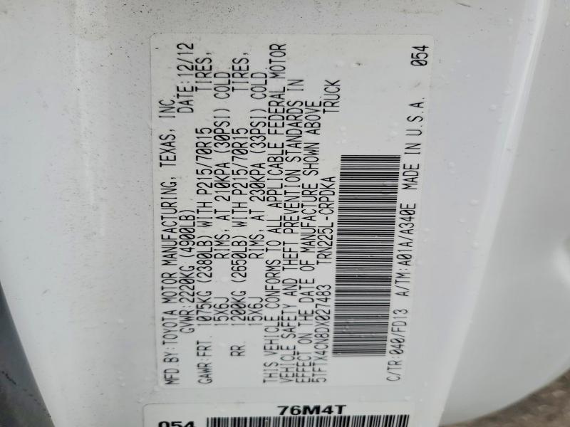 2013 Toyota Tacoma მანქანა იყიდება აუქციონზე, vin: 5TFTX4CN8DX027483, აუქციონის ნომერი: 55972626