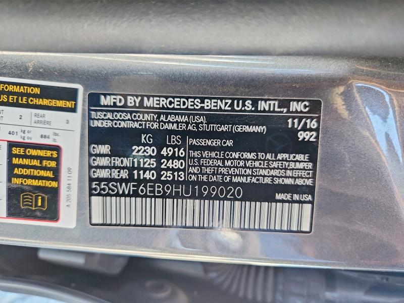 2017 Mercedes-benz C მანქანა იყიდება აუქციონზე, vin: 55SWF6EB9HU199020, აუქციონის ნომერი: 56469296