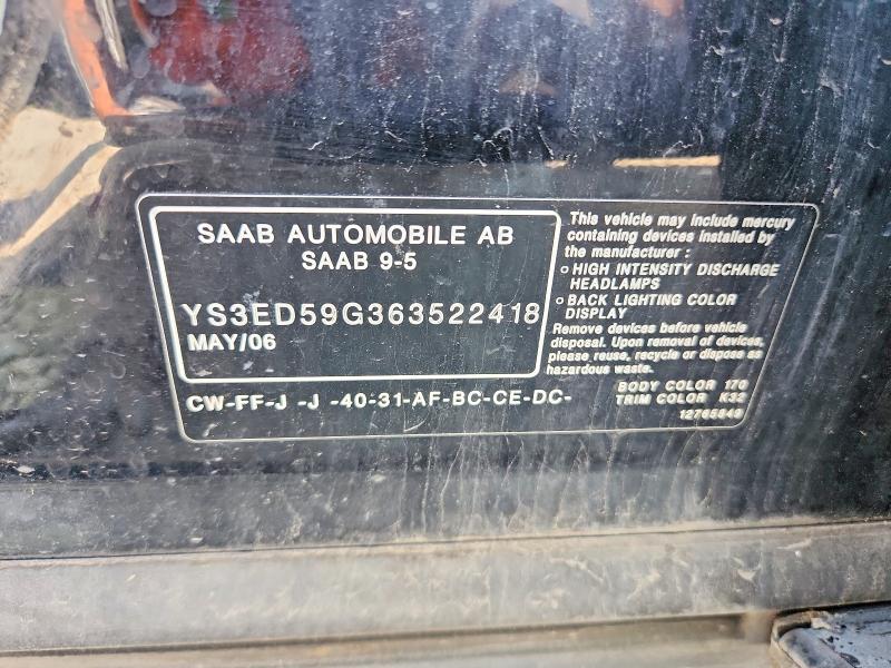 Aukcja sprzedaży 2006 Saab 9-5, vin: YS3ED59G363522418, numer aukcji: 58800566