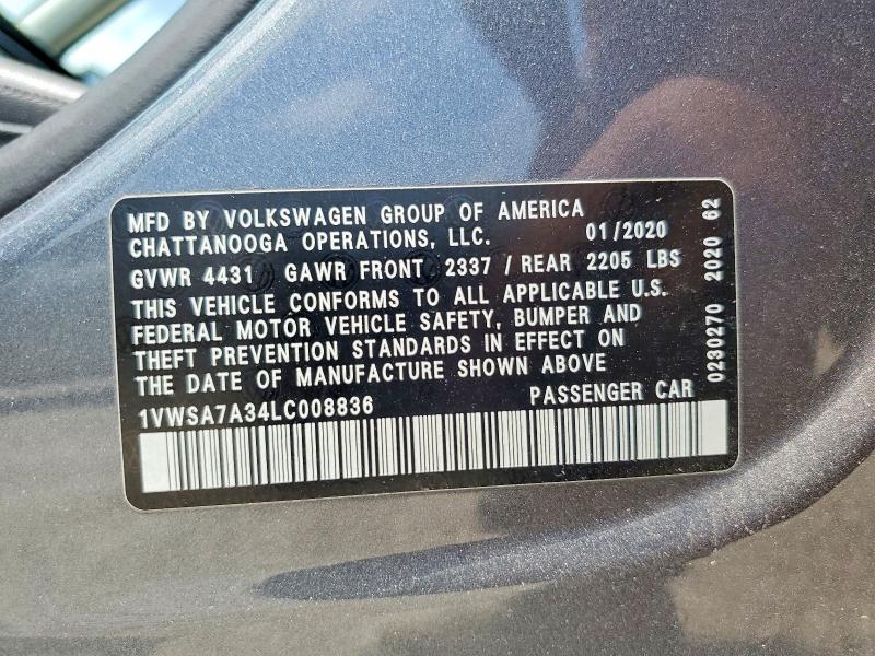 Продаж на аукціоні авто 2020 Volkswagen Passat, vin: 1VWSA7A34LC008836, номер лоту: 57429776