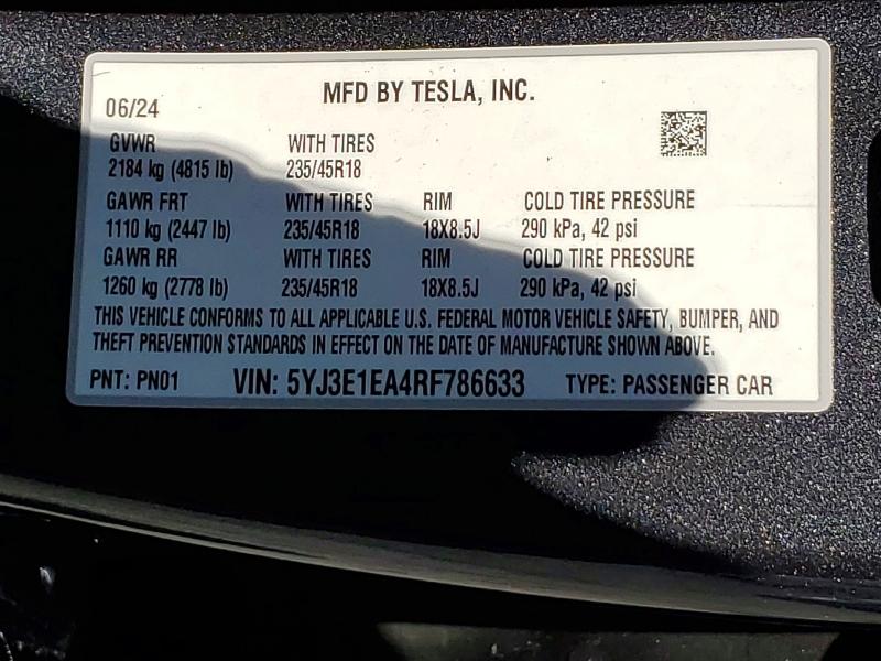 Aukcja sprzedaży 2024 Tesla Model 3, vin: 5YJ3E1EA4RF786633, numer aukcji: 57571976