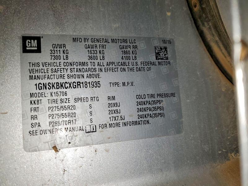 Aukcja sprzedaży 2016 Chevrolet Tahoe, vin: 1GNSKBKCXGR181935, numer aukcji: 56181176