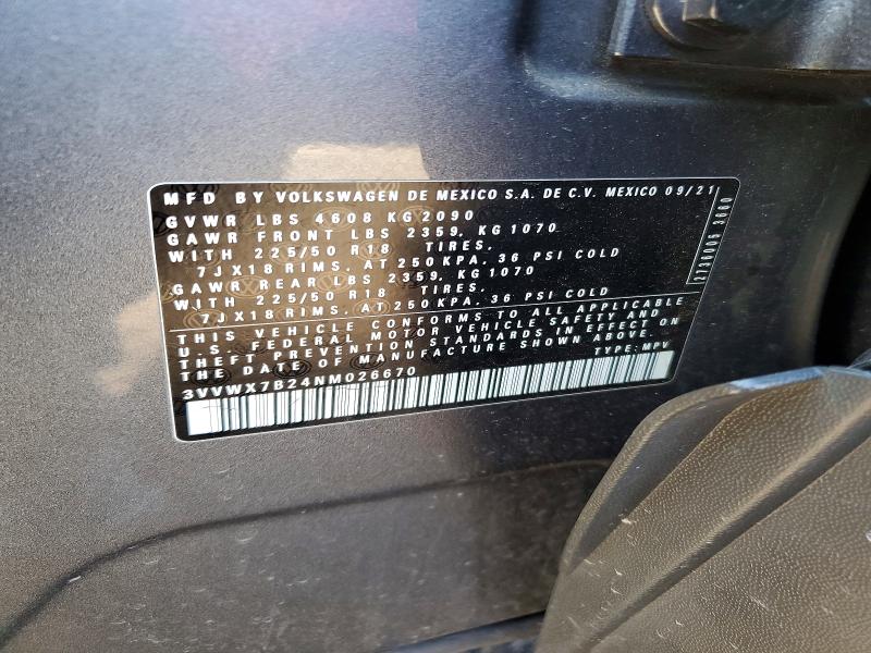 56312066 :رقم المزاد ، 3VVWX7B24NM026670 vin ، 2022 Volkswagen Taos مزاد بيع