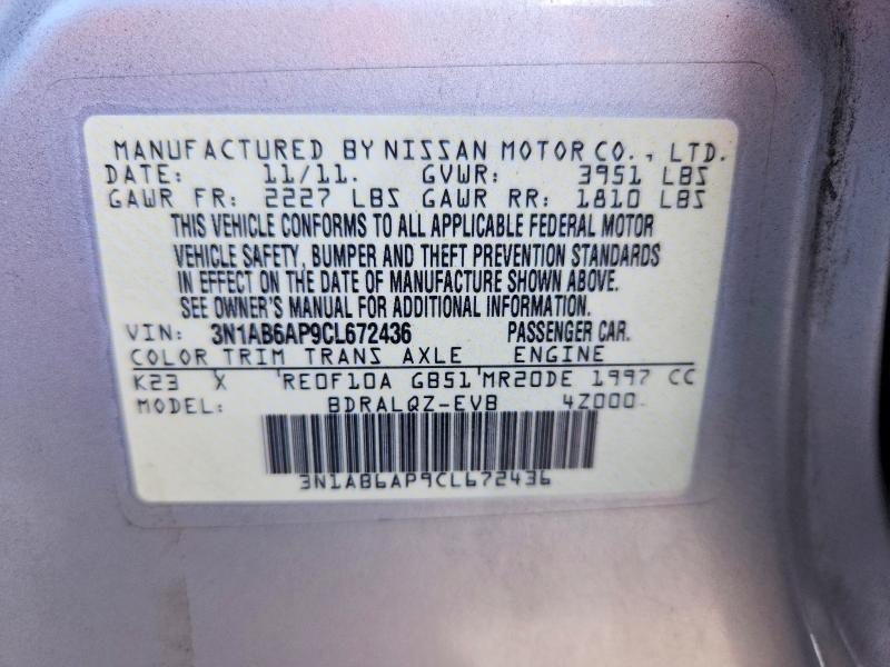 Продажа на аукционе авто 2012 Nissan Sentra, vin: 3N1AB6AP9CL672436, номер лота: 55937966
