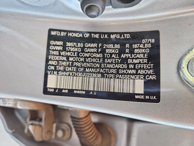 58496266 :رقم المزاد ، SHHFK7H30JU233938 vin ، 2018 Honda Civic مزاد بيع