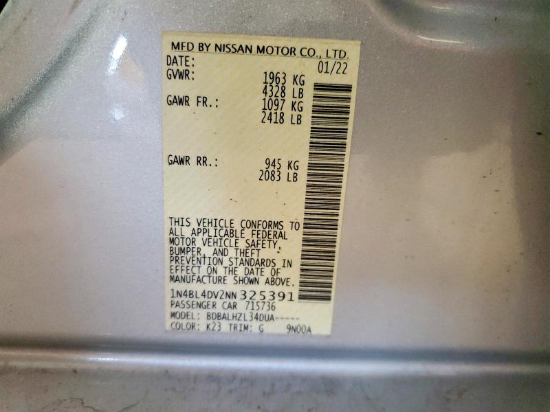 2022 Nissan Altima მანქანა იყიდება აუქციონზე, vin: 1N4BL4DV2NN325391, აუქციონის ნომერი: 57438776