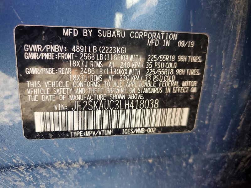 Aukcja sprzedaży 2020 Subaru Forester, vin: JF2SKAUC3LH418038, numer aukcji: 58124726