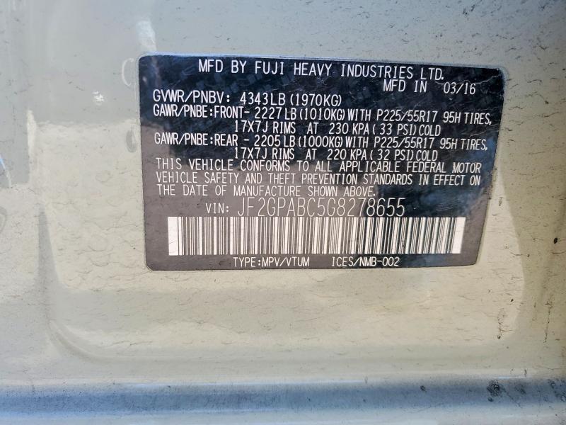 Aukcja sprzedaży 2016 Subaru Crosstrek, vin: JF2GPABC5G8278655, numer aukcji: 55922336