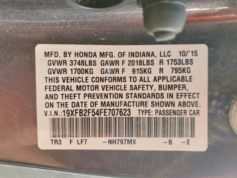 Продаж на аукціоні авто 2015 Honda Civic, vin: 19XFB2F54FE707623, номер лоту: 57655036