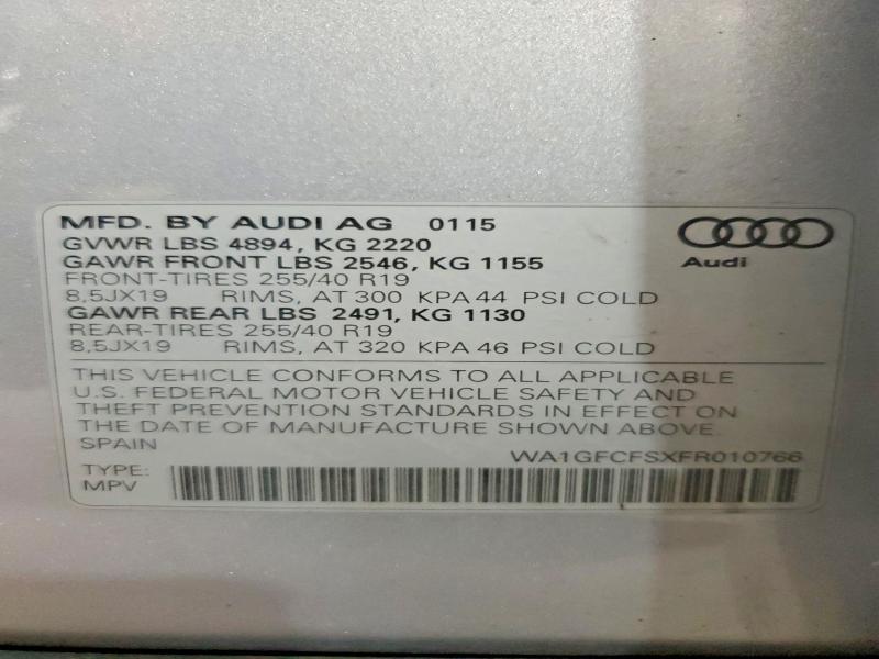 58329786 :رقم المزاد ، WA1GFCFSXFR010766 vin ، 2015 Audi Q3 مزاد بيع